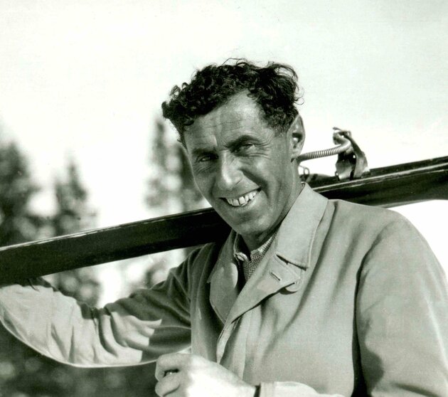 Black and white portrait of skiing legend Hannes Schneider