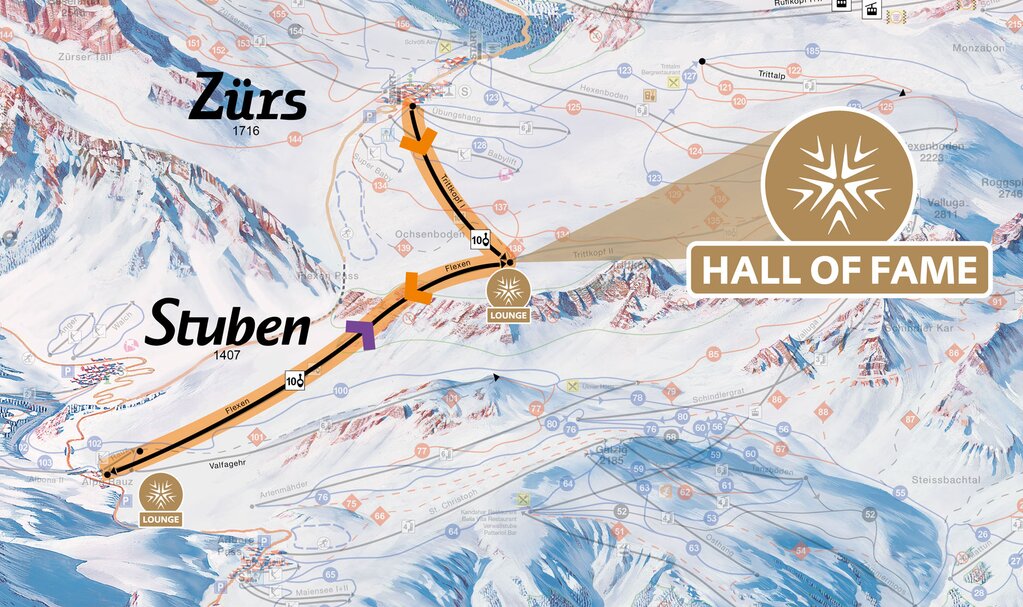 Map of the slopes with the location of the Hall-of-Fame